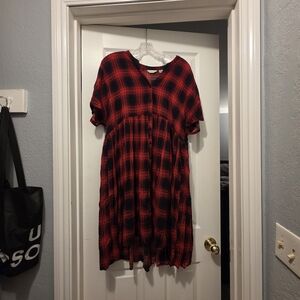 Anthropologie Plaid Red and Black Rayon Midi Dress Large